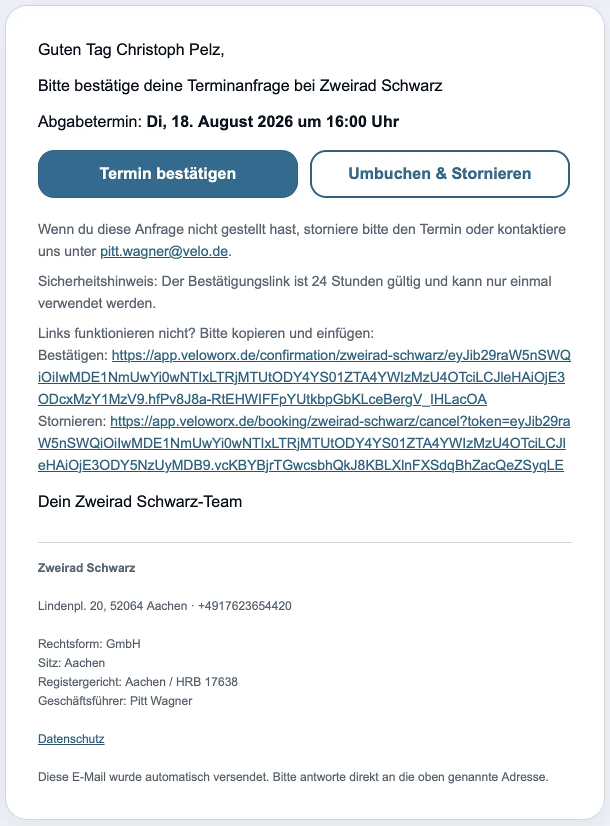 Bestätigungsmail mit Termin und Kalendereintrag