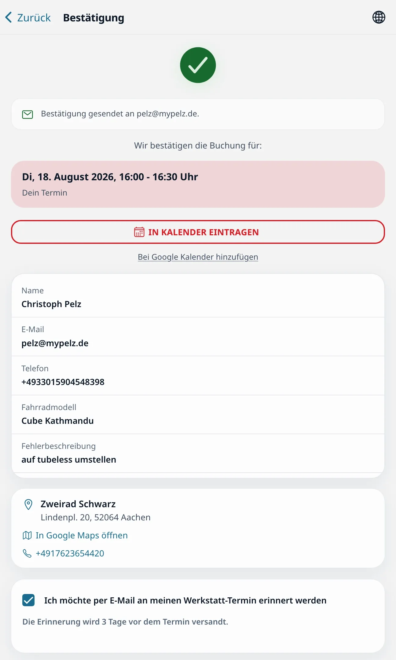 Bestätigungsseite mit dem gebuchten Termin