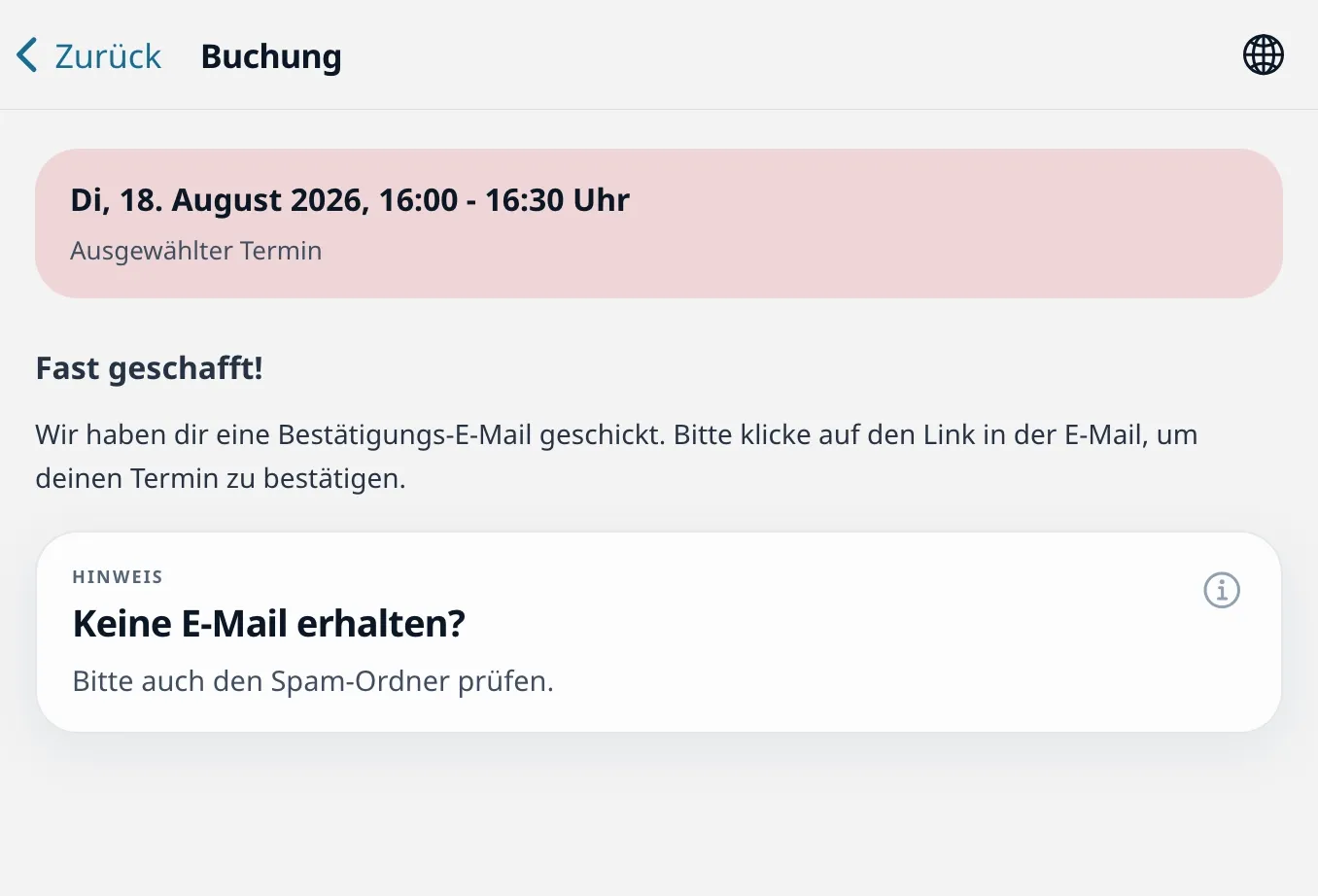 Hinweis auf die Bestätigung per E-Mail