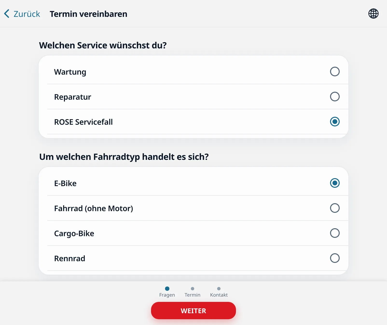 Auswahl der buchbaren Services