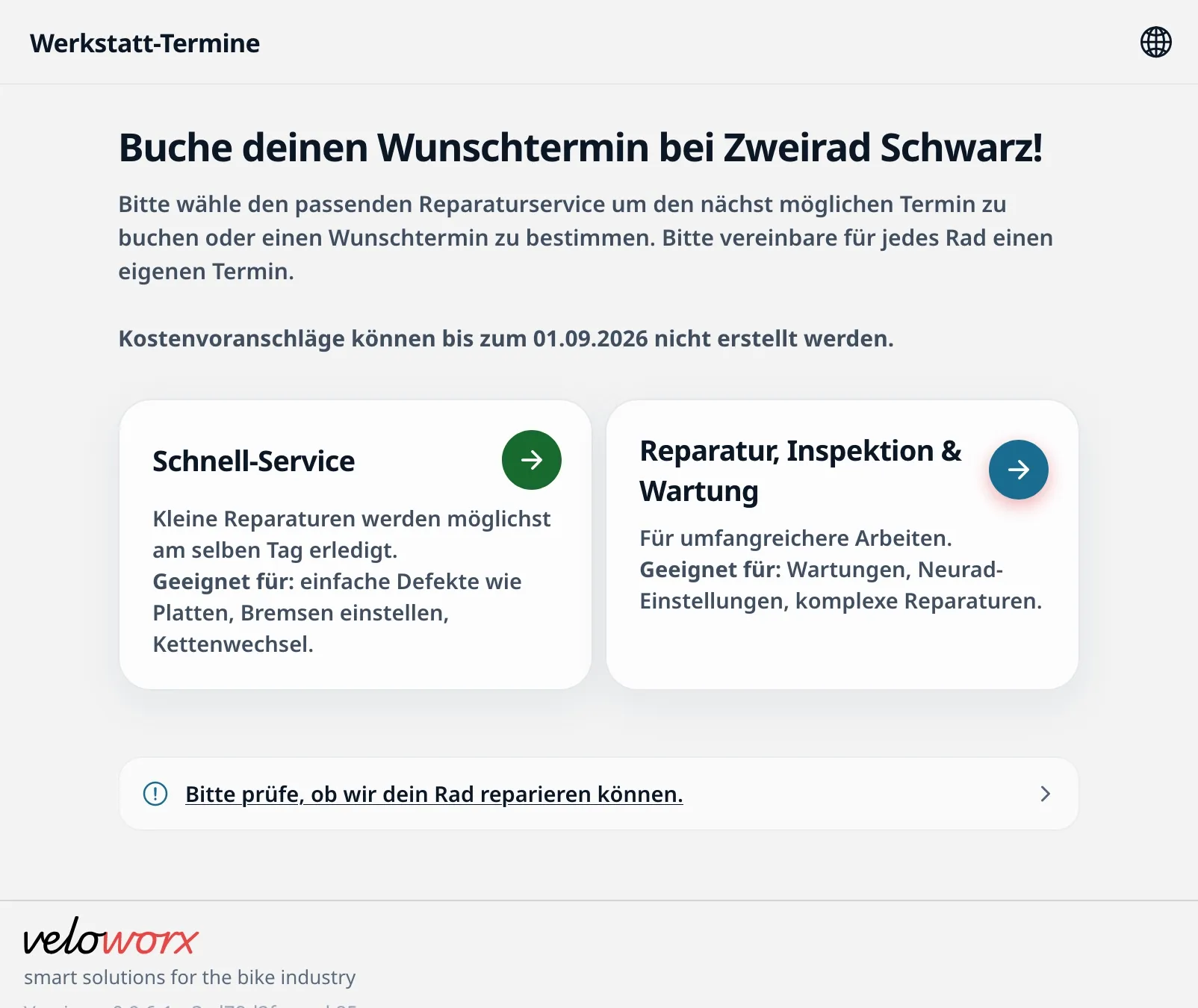 Startseite der Online-Buchung