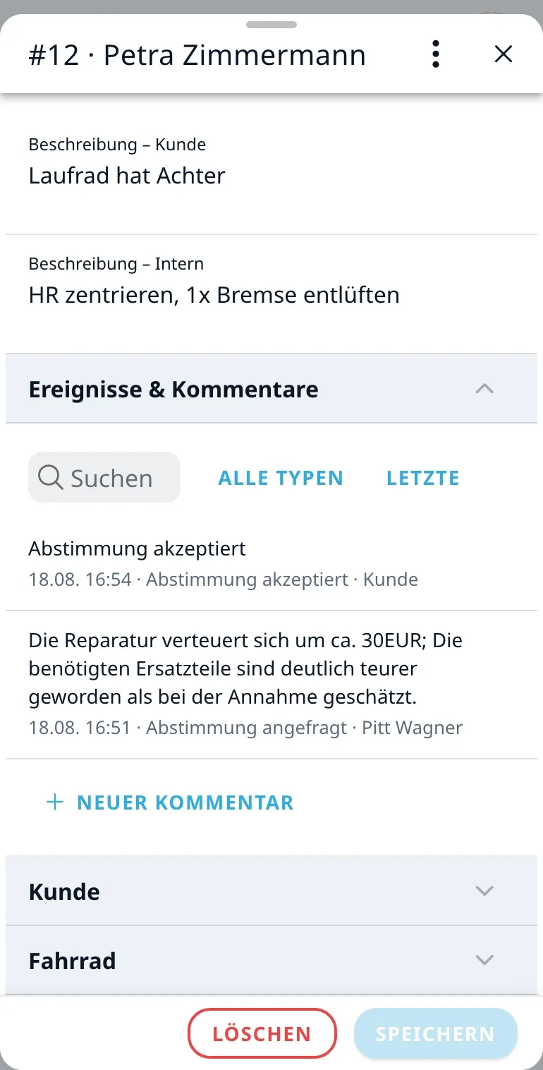 Derselbe Auftrag mit Verlauf und Kommentaren auf dem Handy