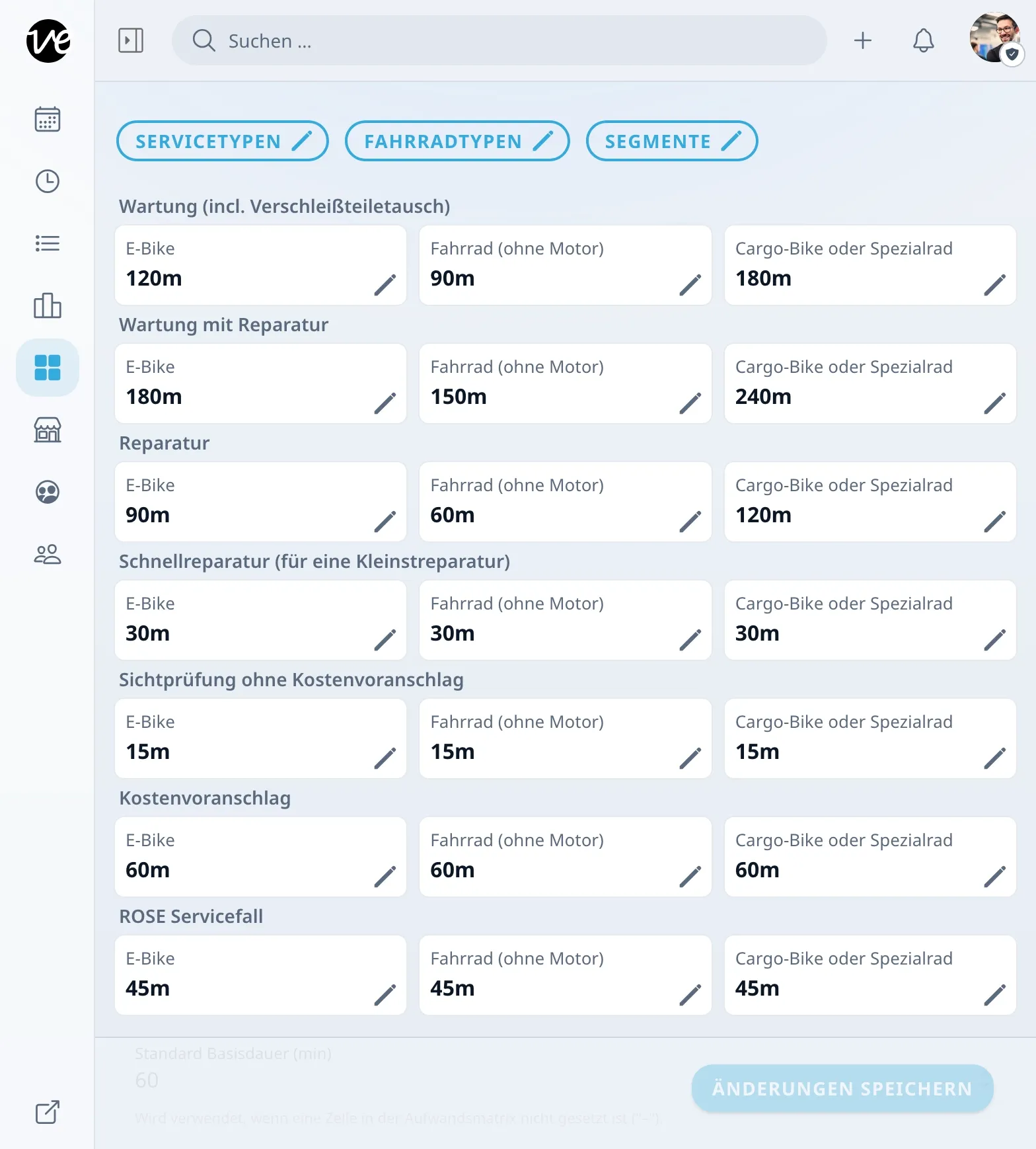 Service-Katalog mit hinterlegter Dauer je Service und Radtyp