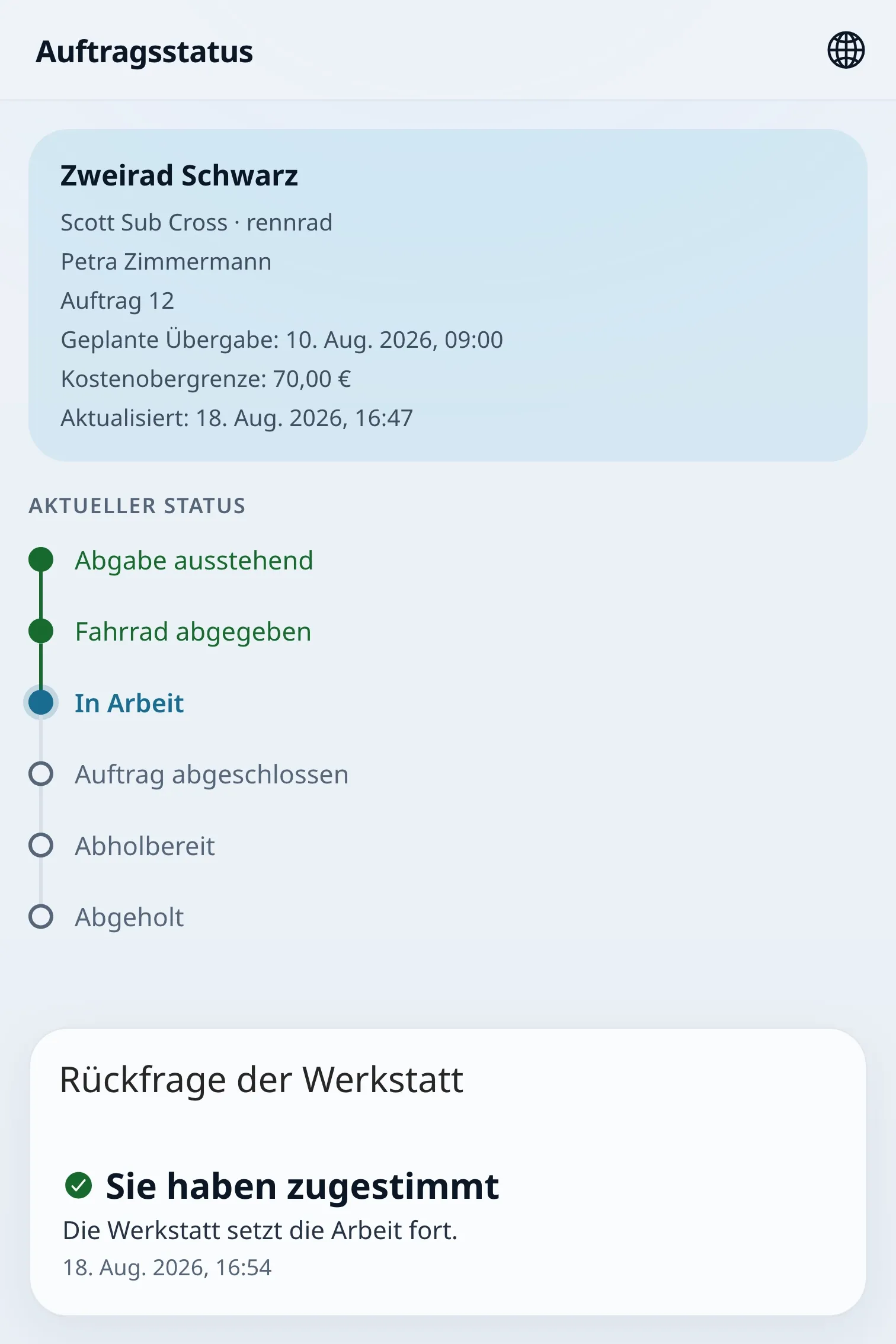 Kundenansicht nach erteilter Freigabe