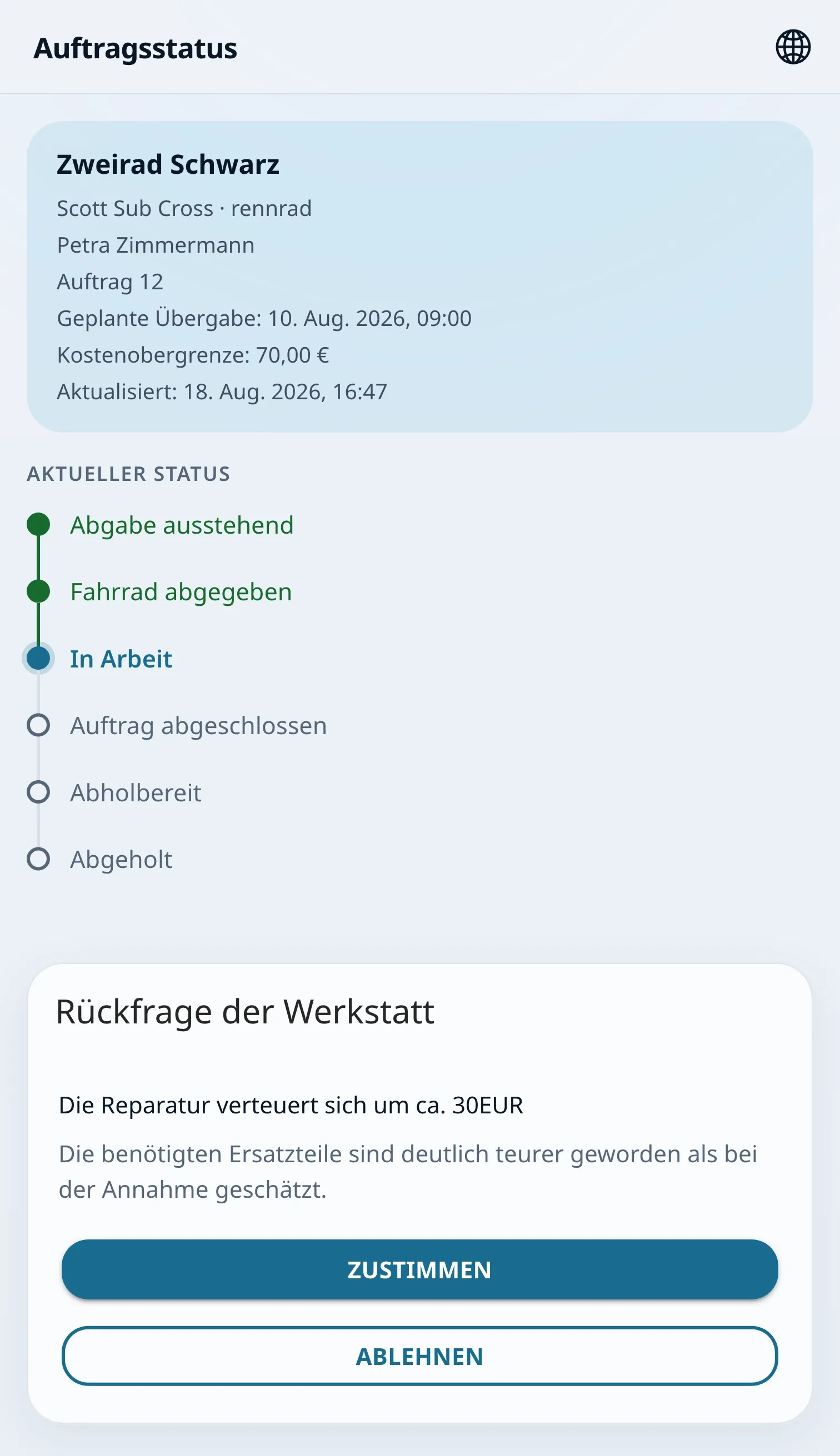 Kundenansicht auf dem Handy mit der offenen Freigabeanfrage